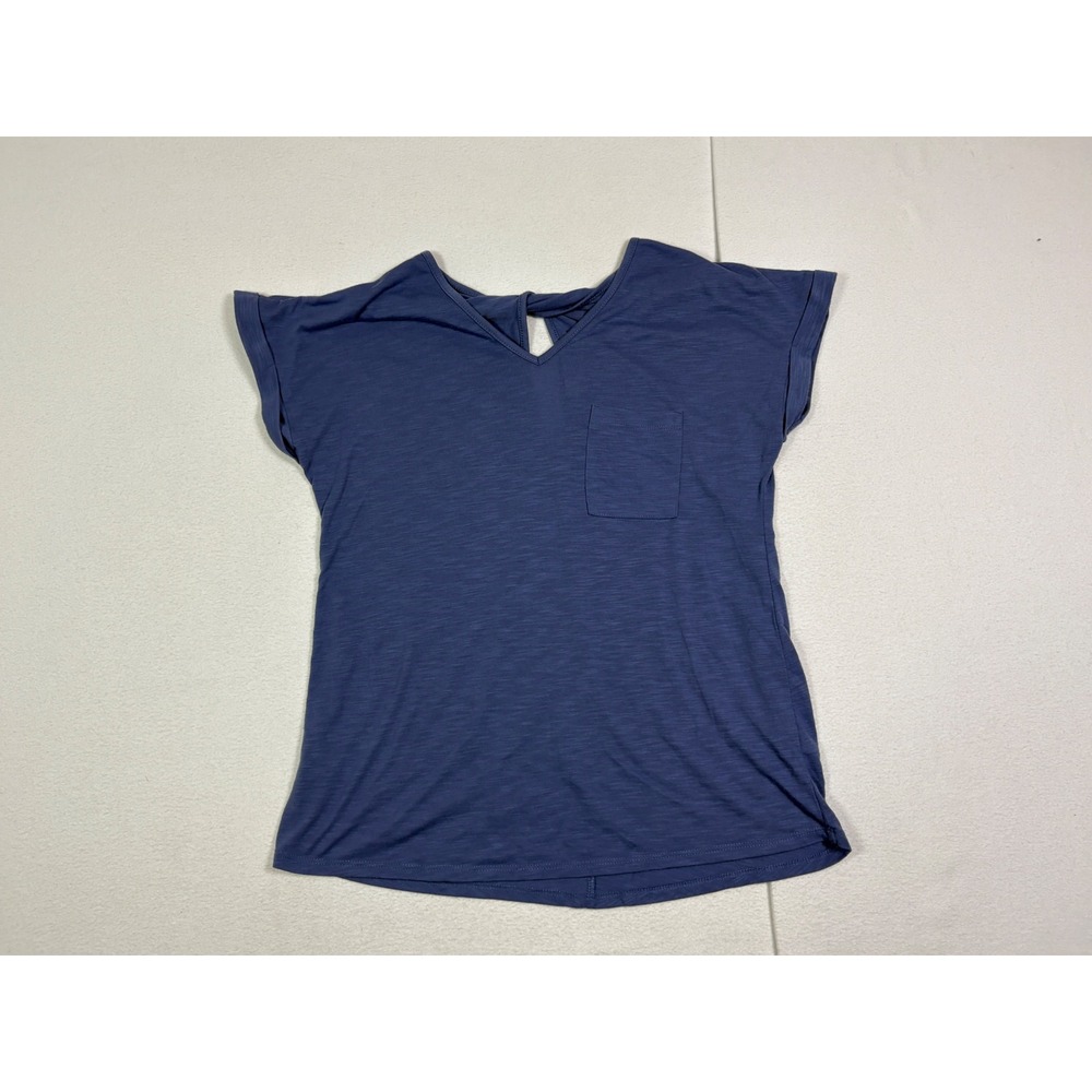 C by Charlotte Women Blue V-Neck Twist Back Pocket Tee Short Sleeve Small